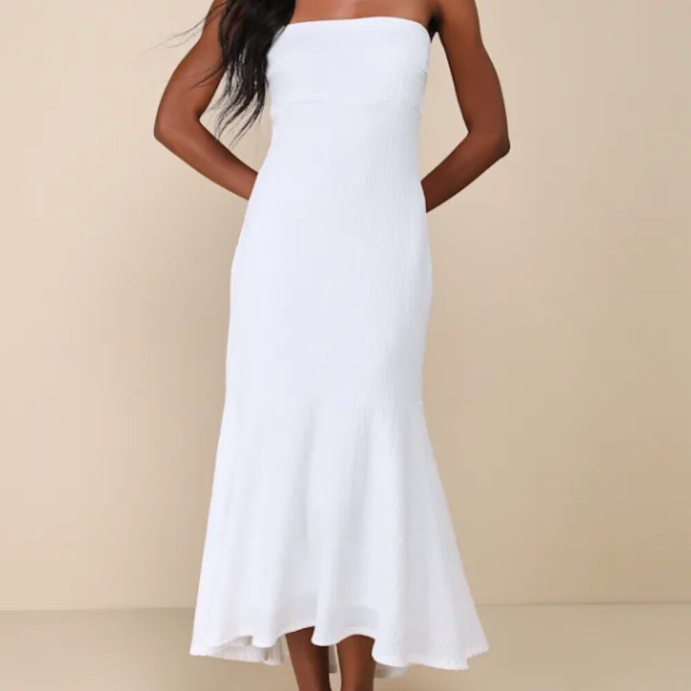 White Textured Strapless Midi Dress